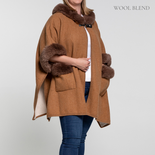 THSP1043: Camel: Faux Fur Plain Sleeve Cape Coat