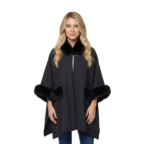 THSP1045: Black: Faux Fur Plain Sleeve Cape Coat