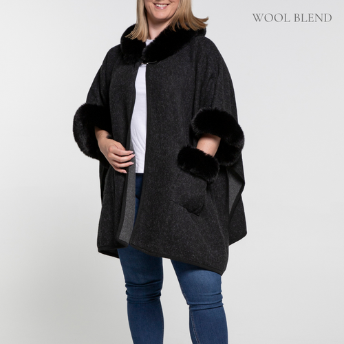 THSP1045: Black: Faux Fur Plain Sleeve Cape Coat