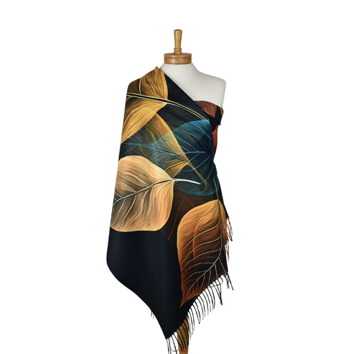 THSS2854: Black: Leaf Art Scarf