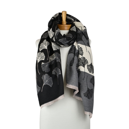 THSS2878: Black: Reversible Multi Gingko Scarf