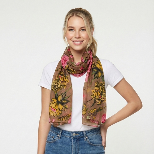 THSS2882: Brown: Peony Rose Garden Scarf