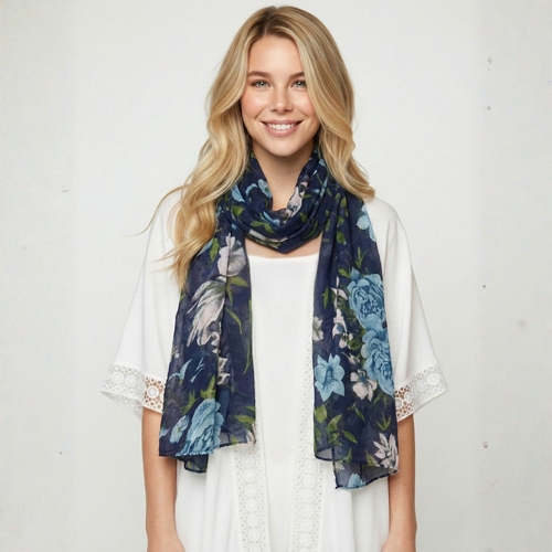 THSS2884: Navy Blue: Peony Rose Garden Scarf