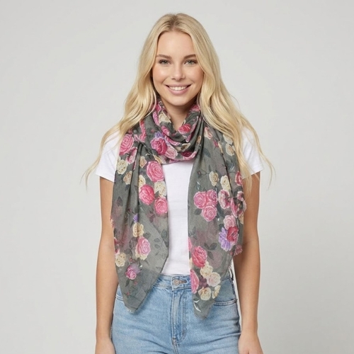 THSS2890: Grey Pink: Vintage Rose Garden Scarf